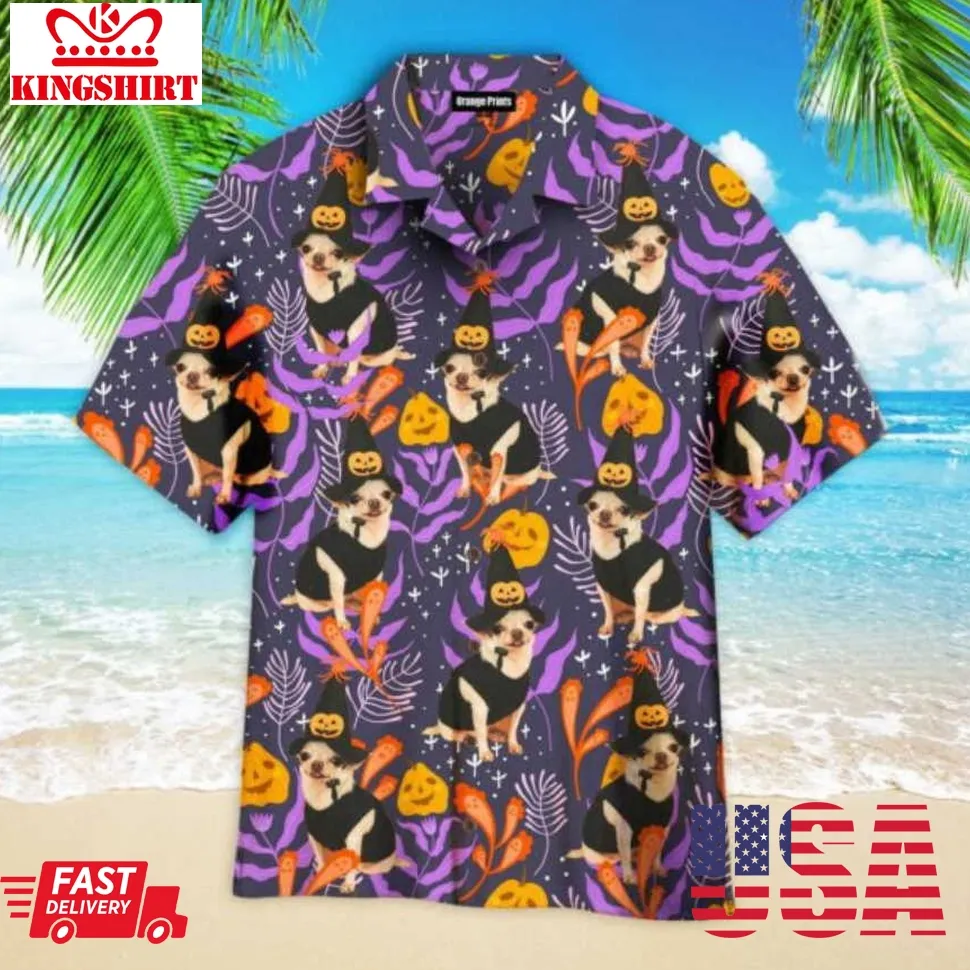 Chihuahua Halloween Pumkins Tropical Pattern Hawaiian Shirt Size up S to 5XL