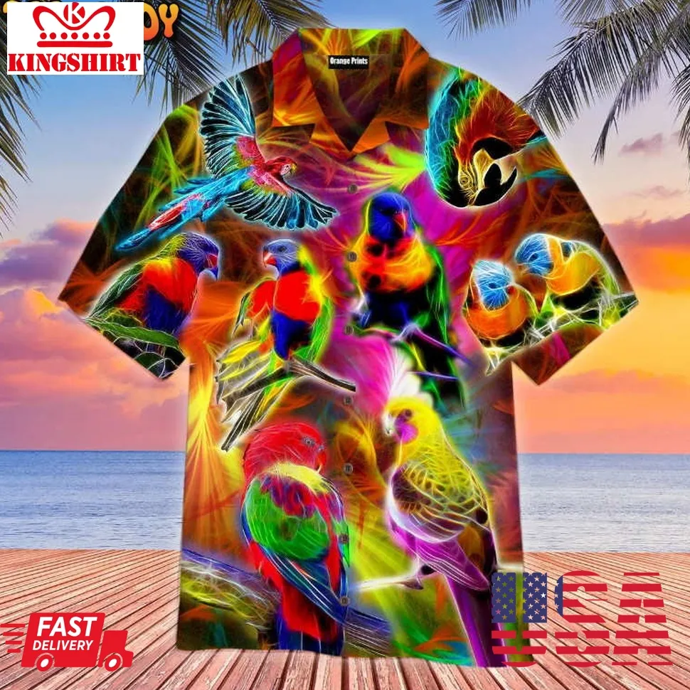 Colorful Parrots Neon Aloha Hawaiian Shirt Size up S to 5XL