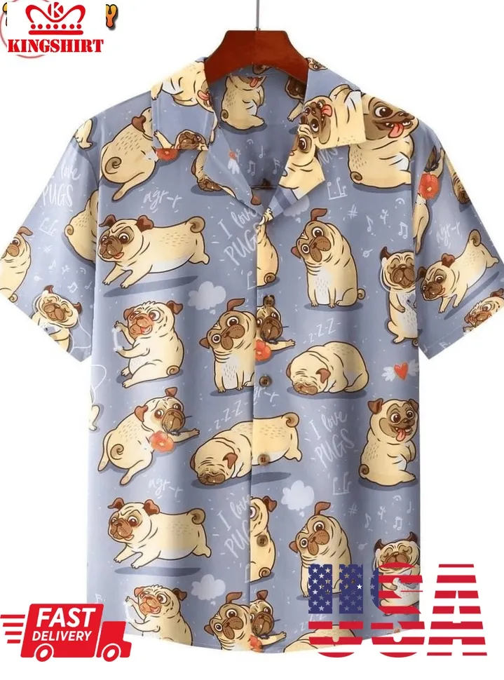 Cute Dogs I Love Pugs Hawaiian Shirt Plus Size