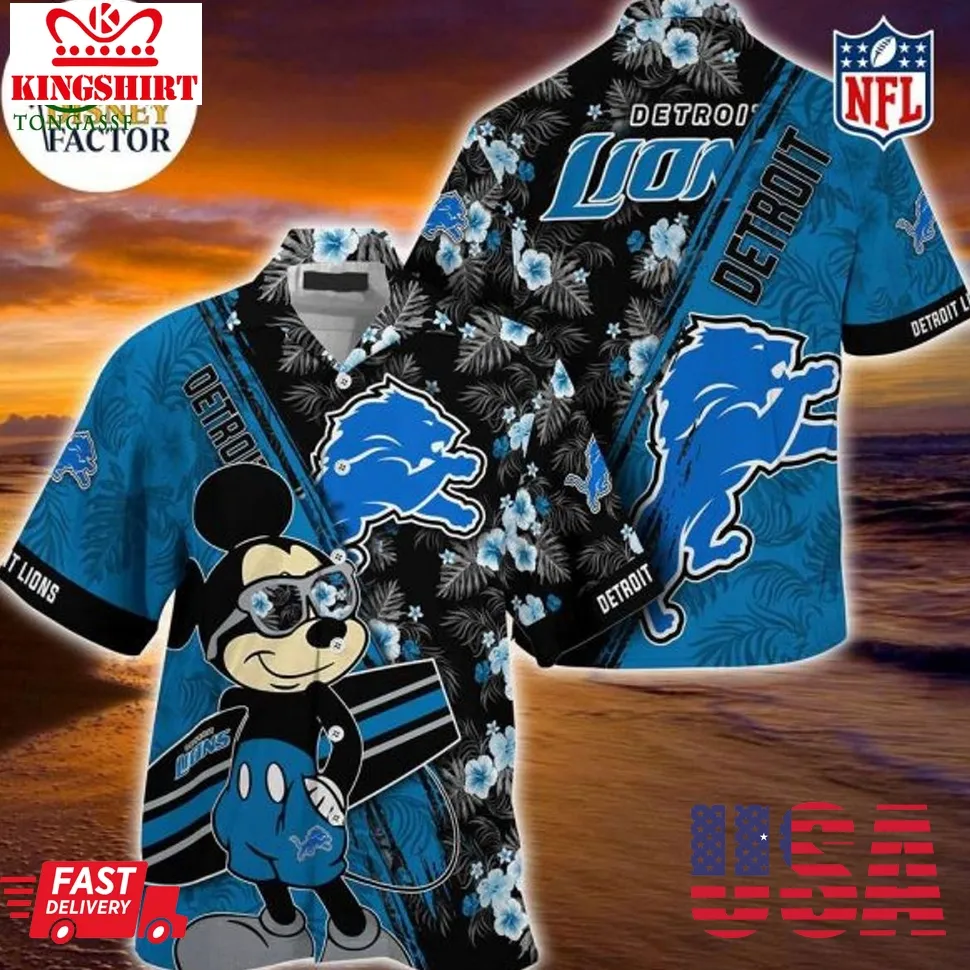 Detroit Lions Mickey And Floral Hawaiian Shirt Size up S to 5XL