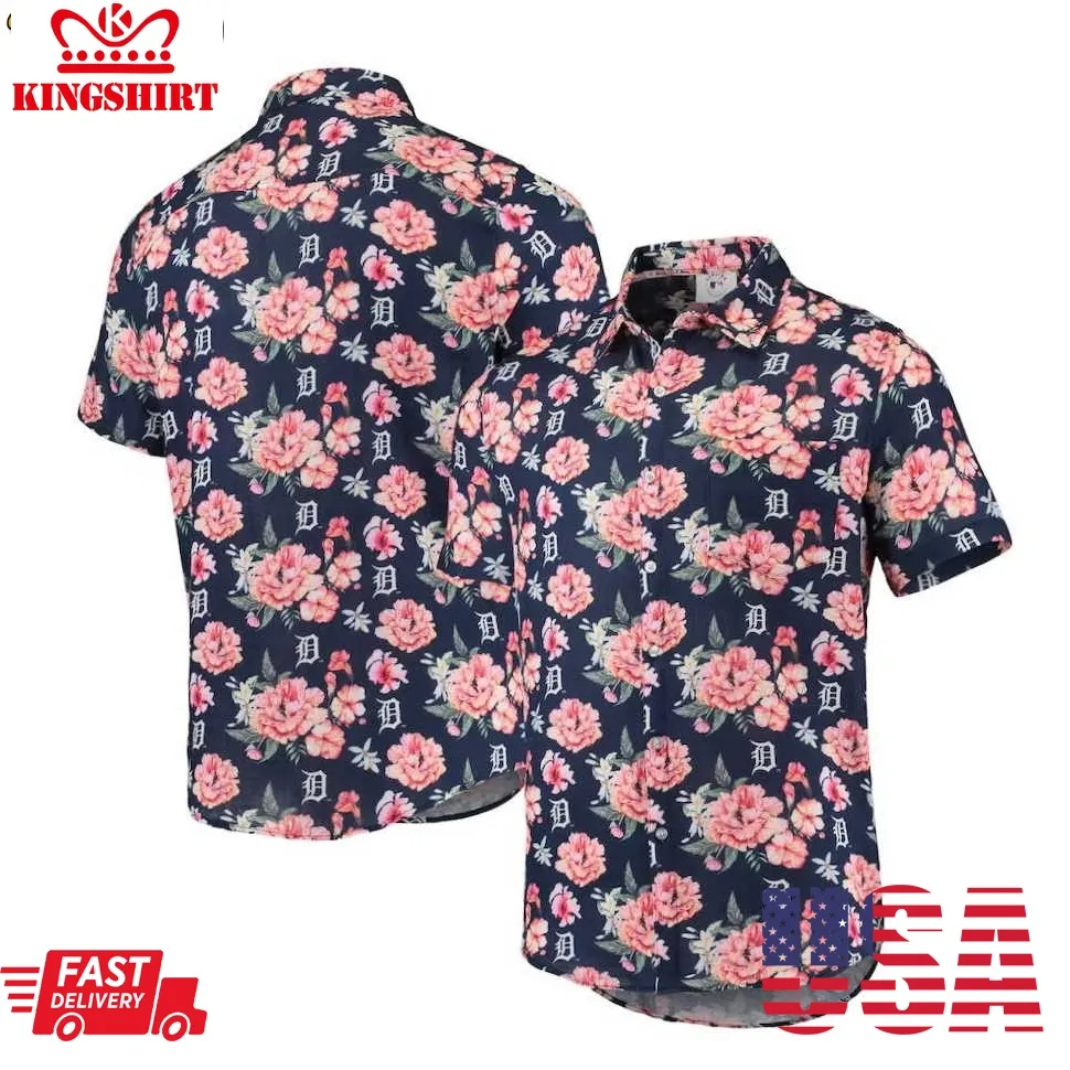 Detroit Tigers Navy Floral Hawaiian Shirt Unisex