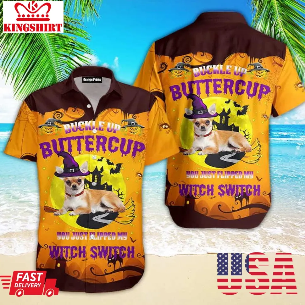 Dog Witch Halloween Buckle Up Butter Cup Hawaiian Shirt Plus Size