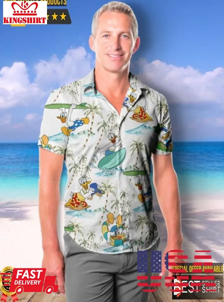 Donald Duck Surfing Green White Summer Tropical Disney Hawaiian Shirt Size up S to 5XL