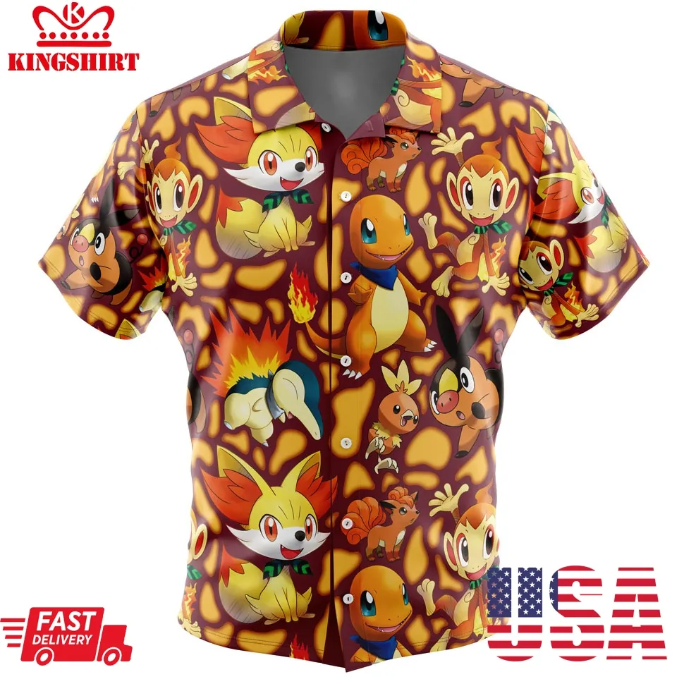 Fire Type Starters Pokemon Button Up Hawaiian Shirt Size up S to 4XL