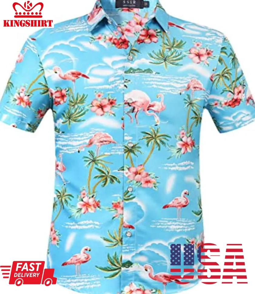 Flamingos Coconut Trees Beach Hawaiian Shirt Size up S to 4XL
