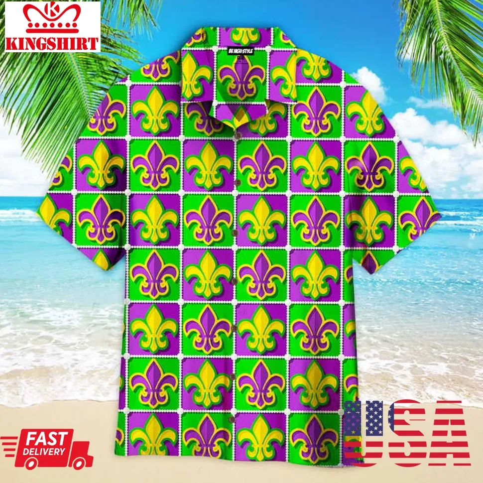 Fleur De Lis Mardi Gras Pattern Aloha Hawaiian Shirt Size up S to 4XL