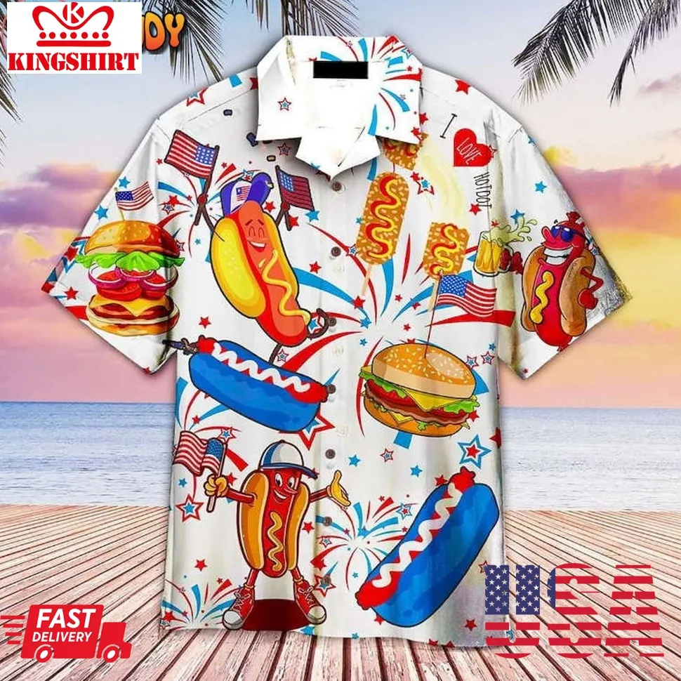 Funny American Hot Dog 4Th Of July Independence Day Hawaiian Shirt Unisex