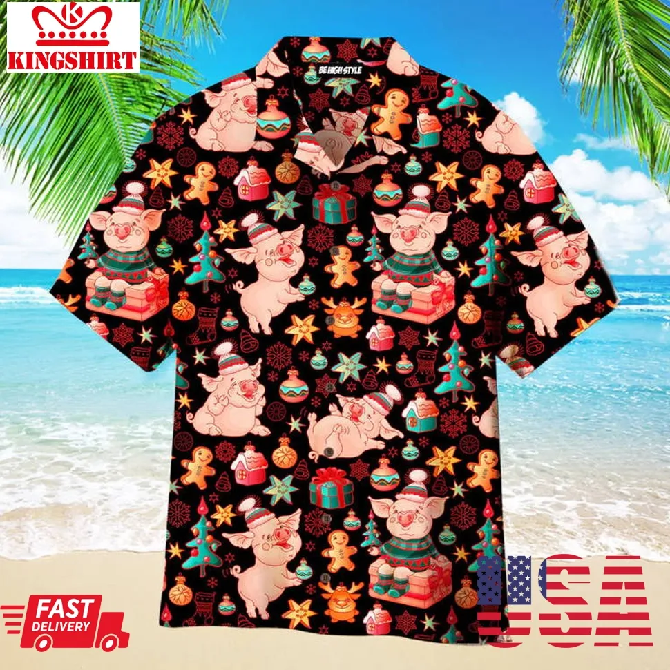Funny Pig Merry Christmas Pattern Aloha Hawaiian Shirt Size up S to 4XL