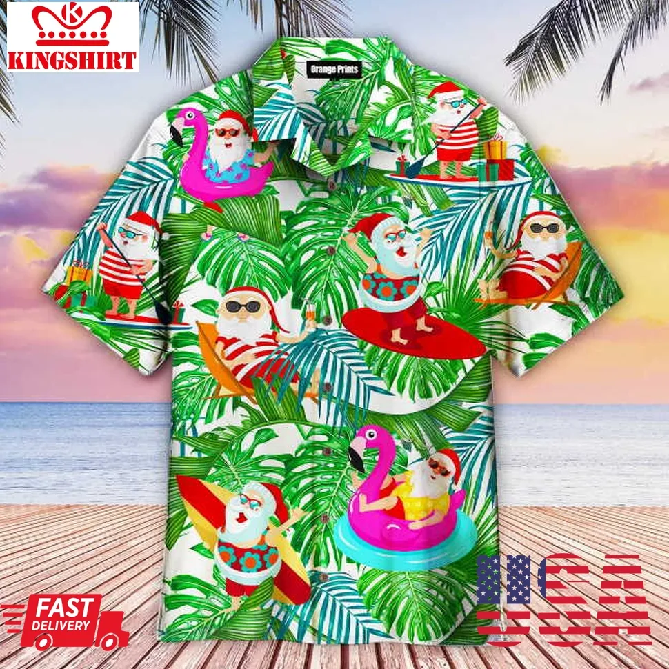 Funny Tropical Santa Happy Christmas In July Hawaiian Shirt Size up S to 4XL