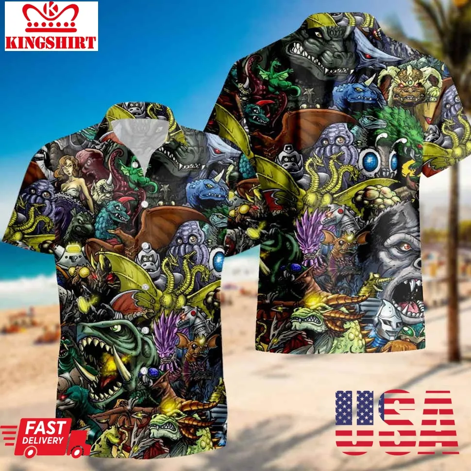 Gadzillo Collage Kaiju Monsters Hawaiian Shirts, Godzilla Destroy This Home Last Hawaiian Shirt Plus Size