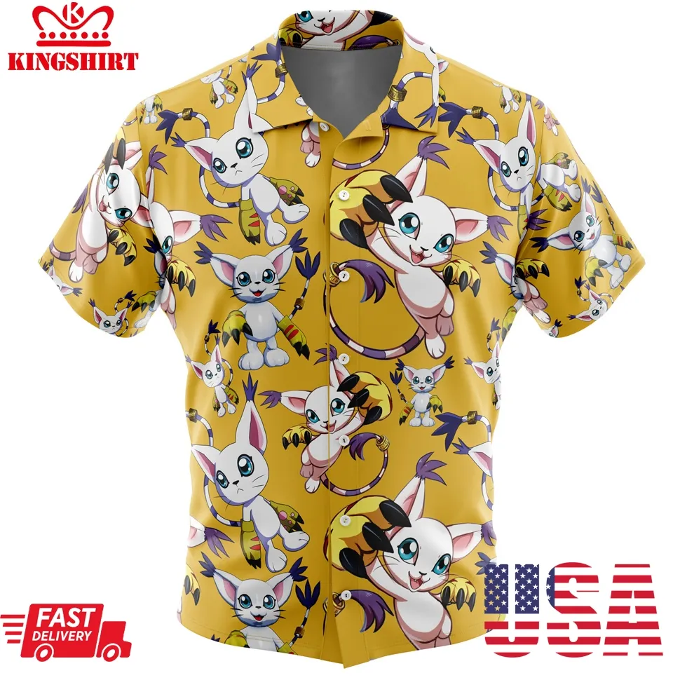 Gatomon Digimon Button Up Hawaiian Shirt Size up S to 4XL