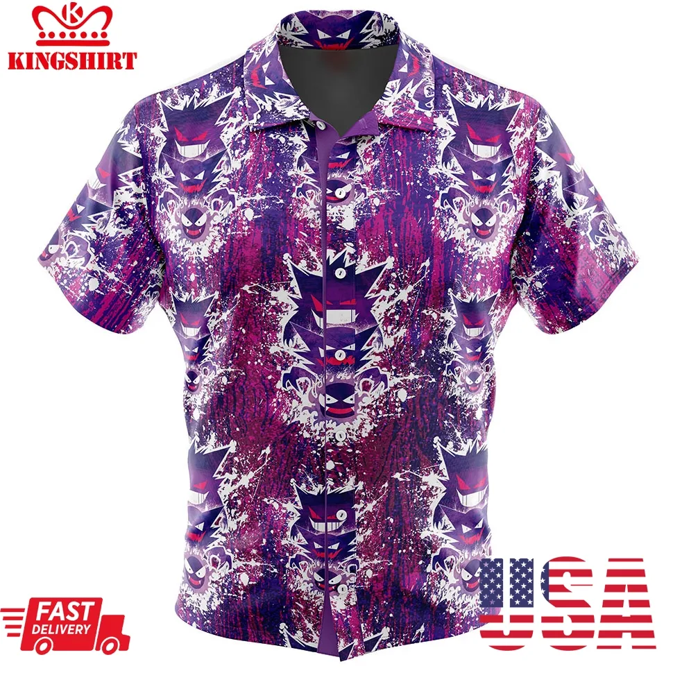Ghostly Evolution Gastly Haunter Gengar Pokemon Button Up Hawaiian Shirt Size up S to 4XL