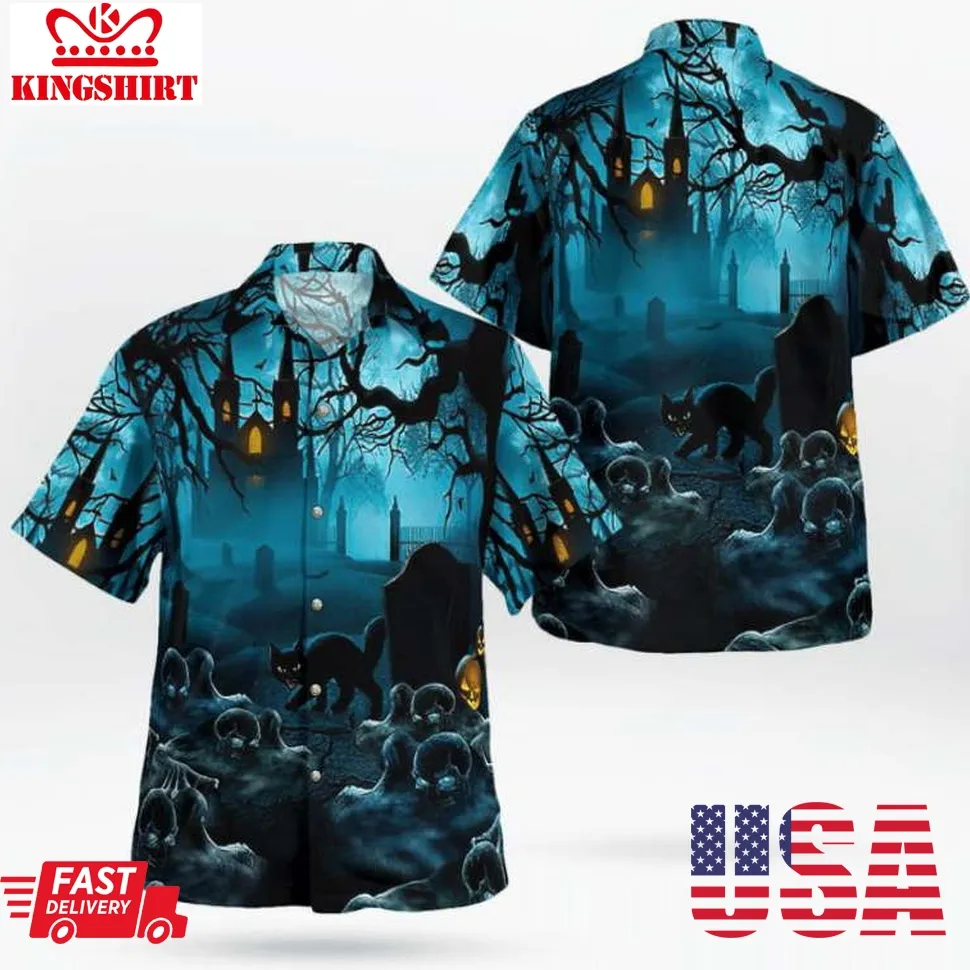Gloomy Night Haunted Castle Black Cat Scary Hawaiian Shirt Size up S to 4XL