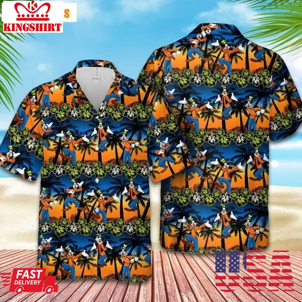 Goofy Dog Disney Palm Tree Sunset, Disney Hawaiian Shirt Plus Size