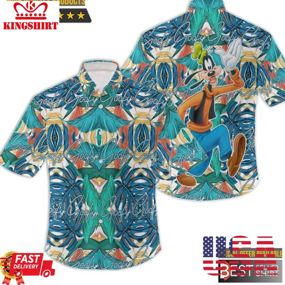 Goofy Dog Green Blue Pattern Disney Hawaiian Shirt Size up S to 4XL