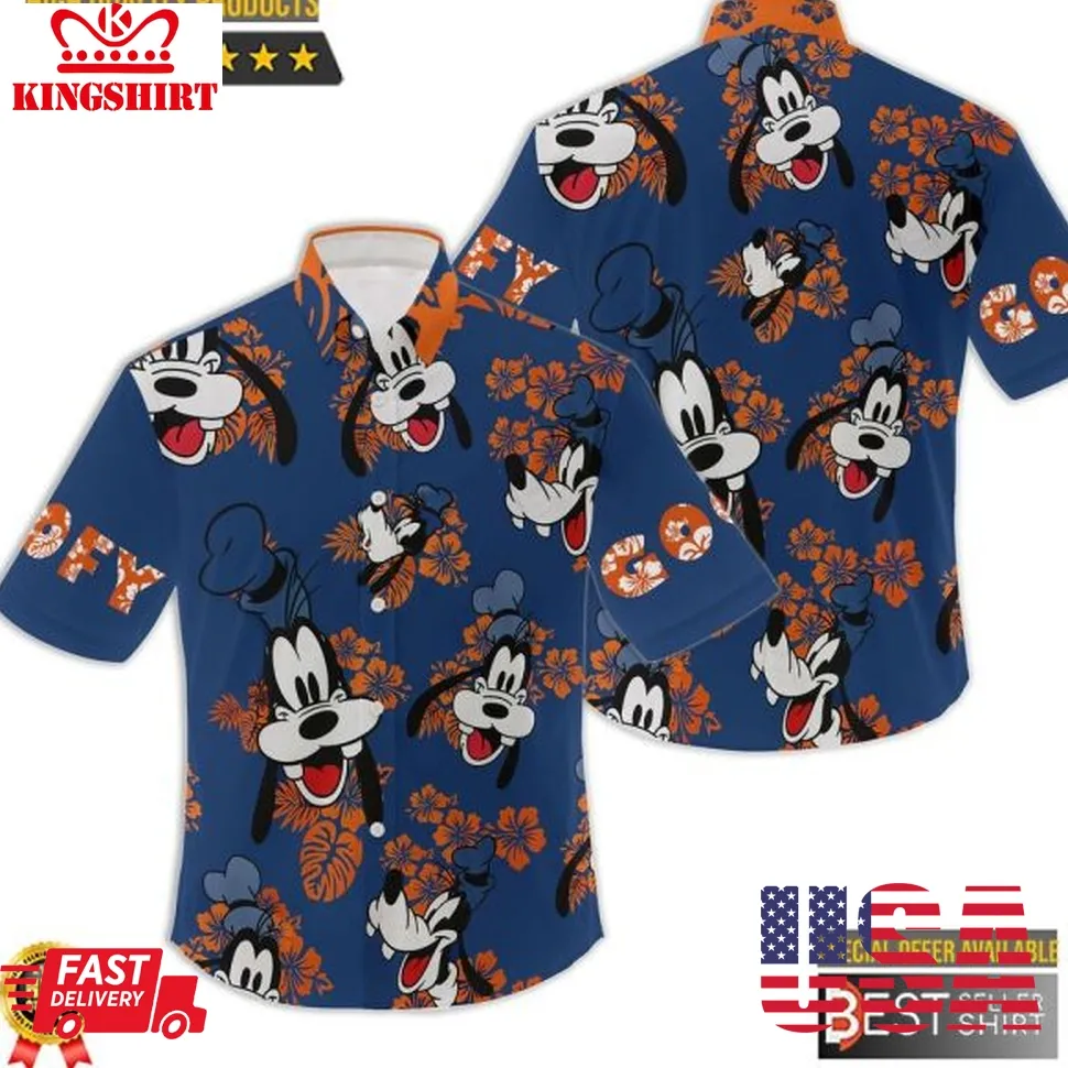 Goofy Dog Logo Head Blue Orange Summer Tropical Disney Hawaiian Shirt Plus Size