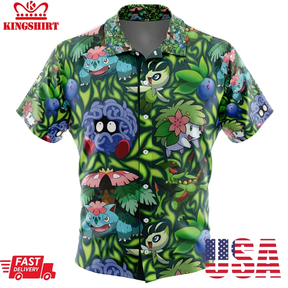Grass Type Pokemon Pokemon Button Up Hawaiian Shirt Unisex