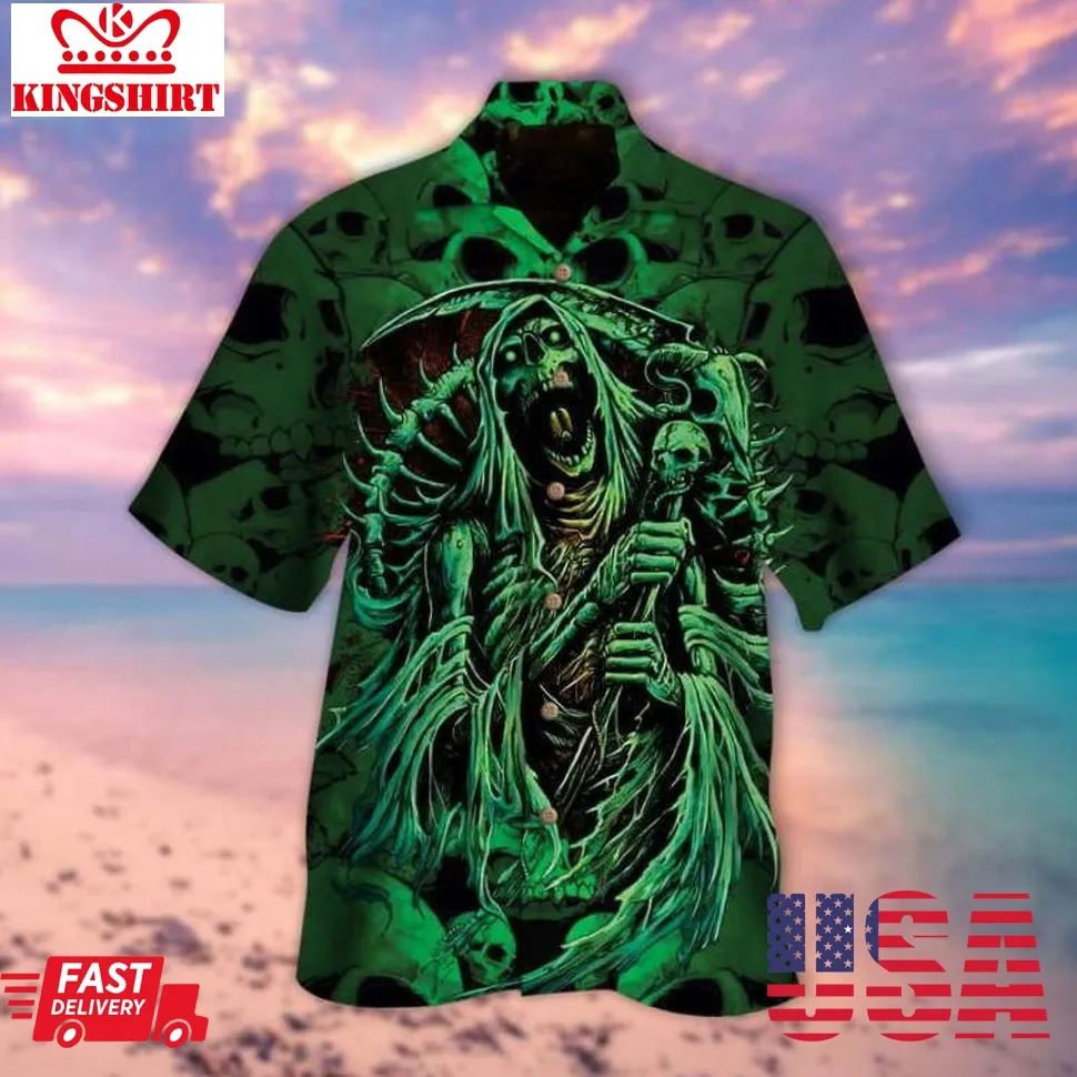 Green Skeleton Skull Halloween Hawaiian Shirt Unisex