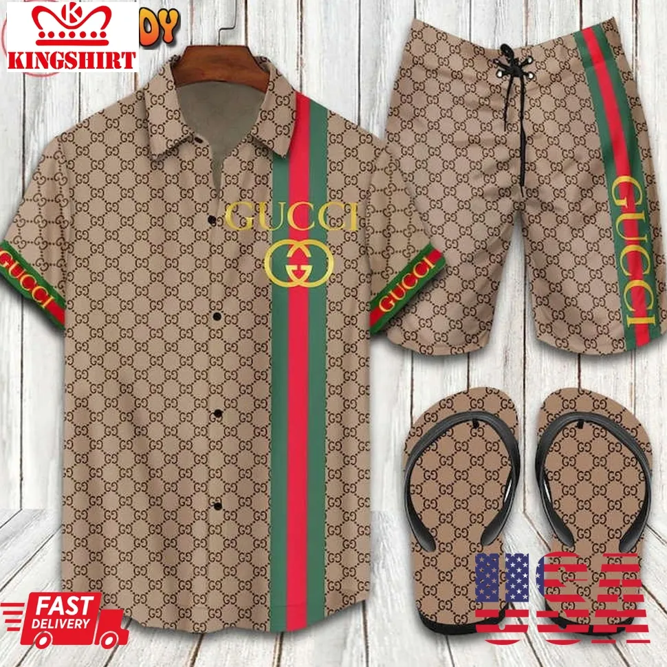 Gucci 2022 Luxury Brown Hawaiian Shirt And Shorts Size up S to 4XL