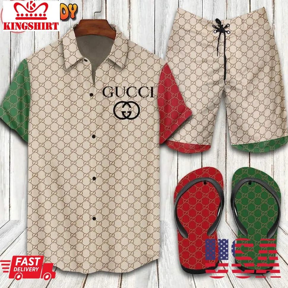 Gucci Italian Luxury Brown Hawaiian Shirt And Shorts Plus Size