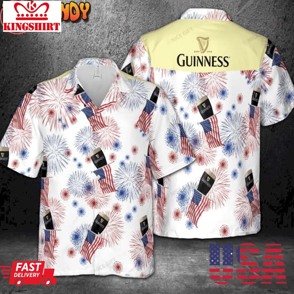 Guinness American Flag Fireworks Hawaiian Shirt Size up S to 4XL