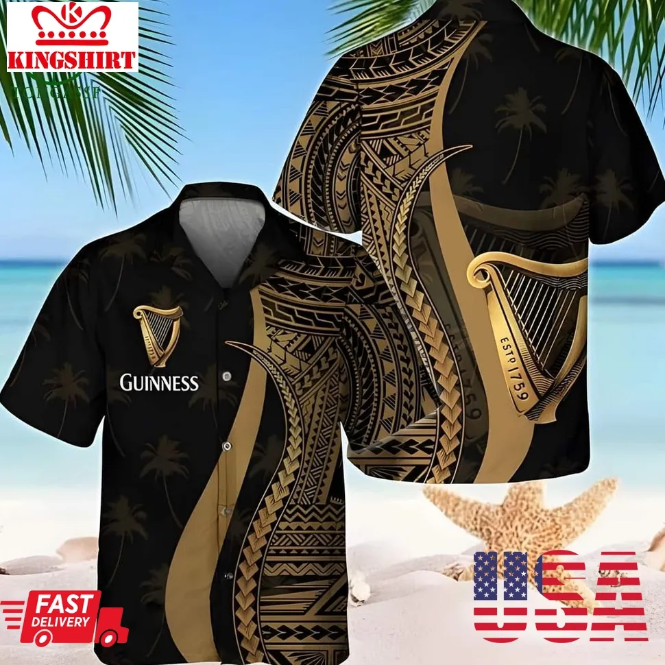 Guinness Beer Gold Polynesian Blend Tropical Coconut Tree Pattern Hawaiian Shirt Plus Size