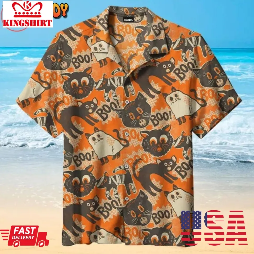 Halloween Cat Pattern Hawaiian Shirt Size up S to 4XL
