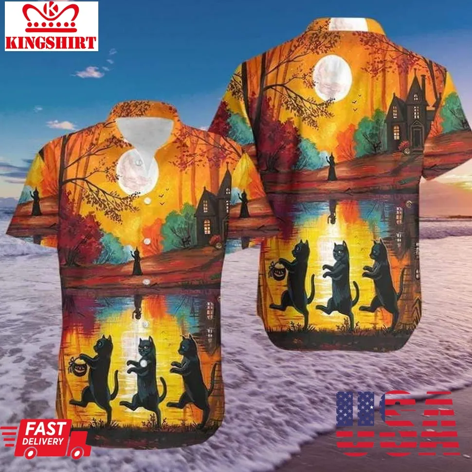 Halloween Walking Cat Hawaiian Shirt Size up S to 4XL
