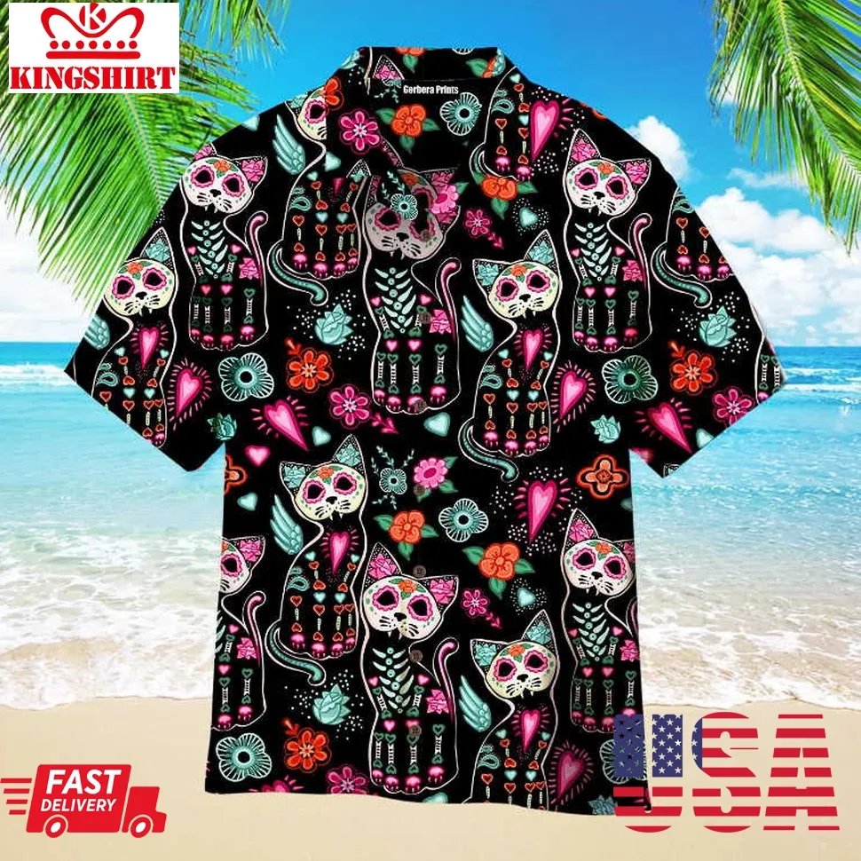 Happy Day Of The Dead Cats Aloha Hawaiian Shirts Size up S to 4XL