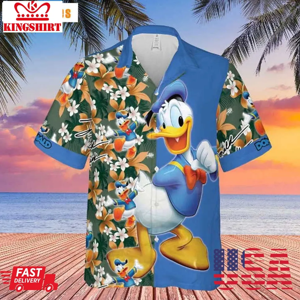 Happy Donald Floral Pattern, Donald Duck Hawaiian Shirt Size up S to 4XL