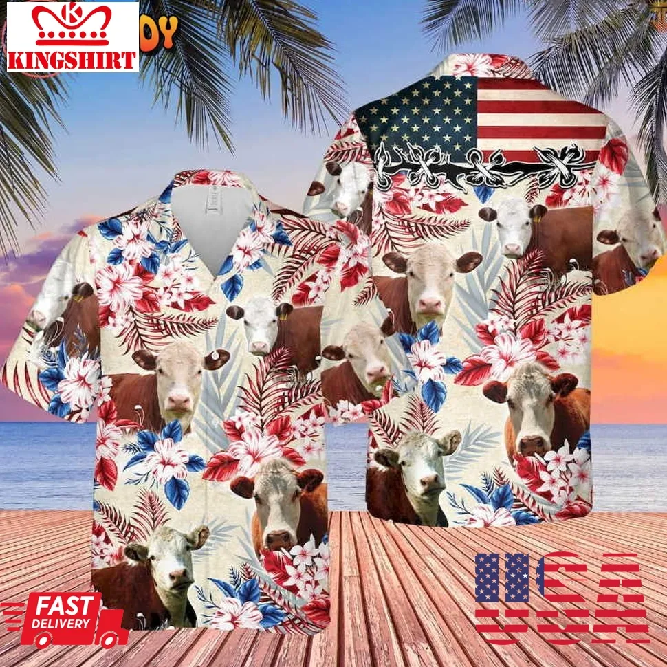 Hereford Cattle American Flag Hawaiian Shirt Unisex