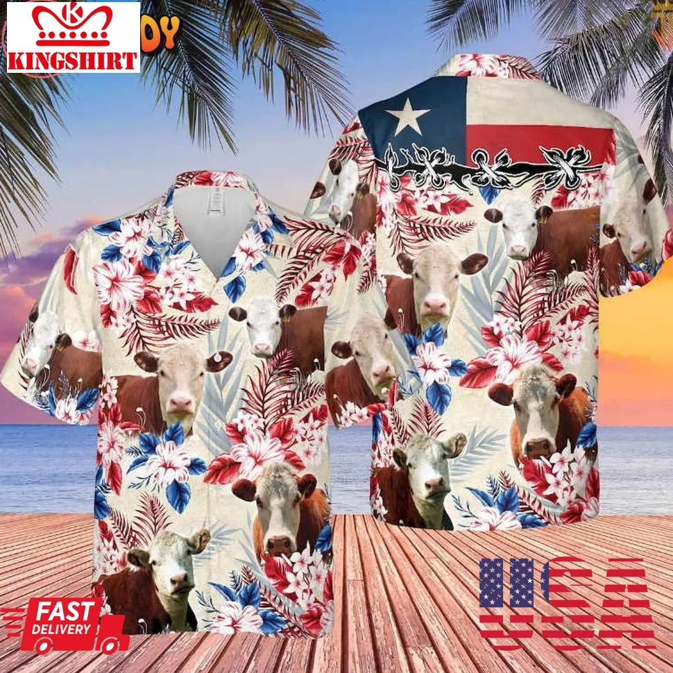 Hereford Cattle Texas Flag Hawaiian Shirt Size up S to 4XL