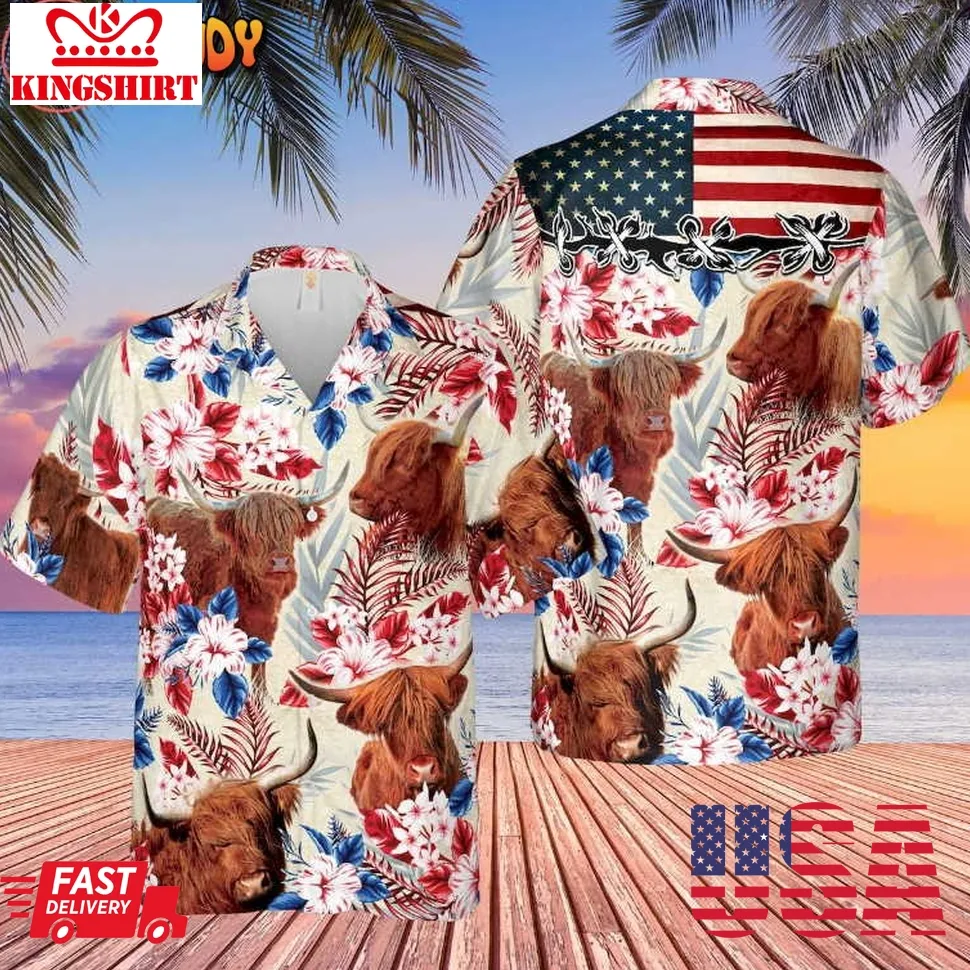 Highland Cattle American Flag Hawaiian Shirt Unisex