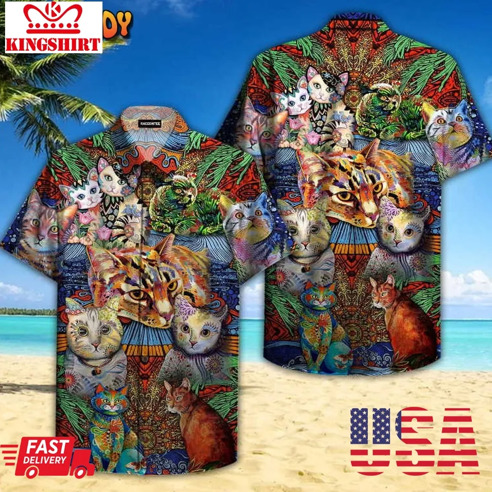 Hippie Cats Peace Life Colorful Hawaiian Shirt Size up S to 4XL