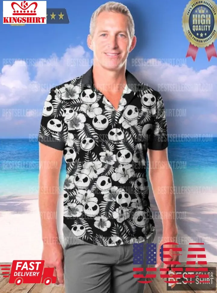 Jack Skellington Black White Floral Strips Summer Tropical Disney Hawaiian Shirt Unisex