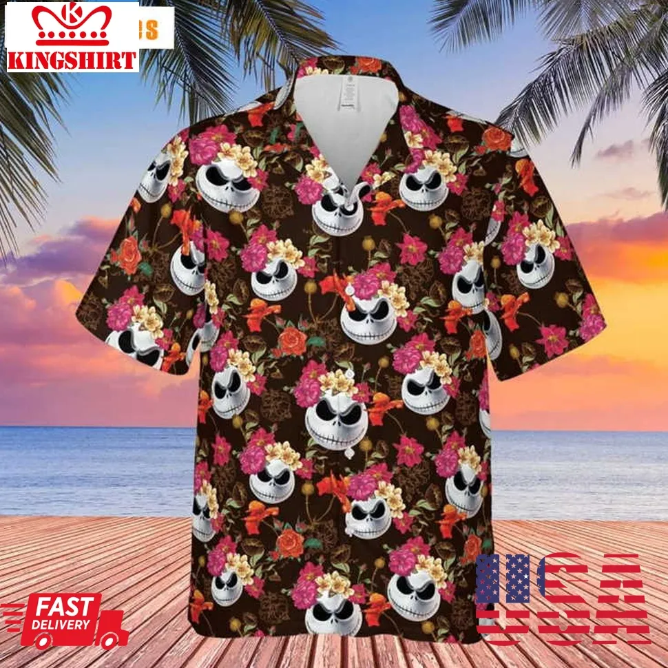 Jack Skellington Head Floral Pattern, Disney Hawaiian Shirt Size up S to 4XL