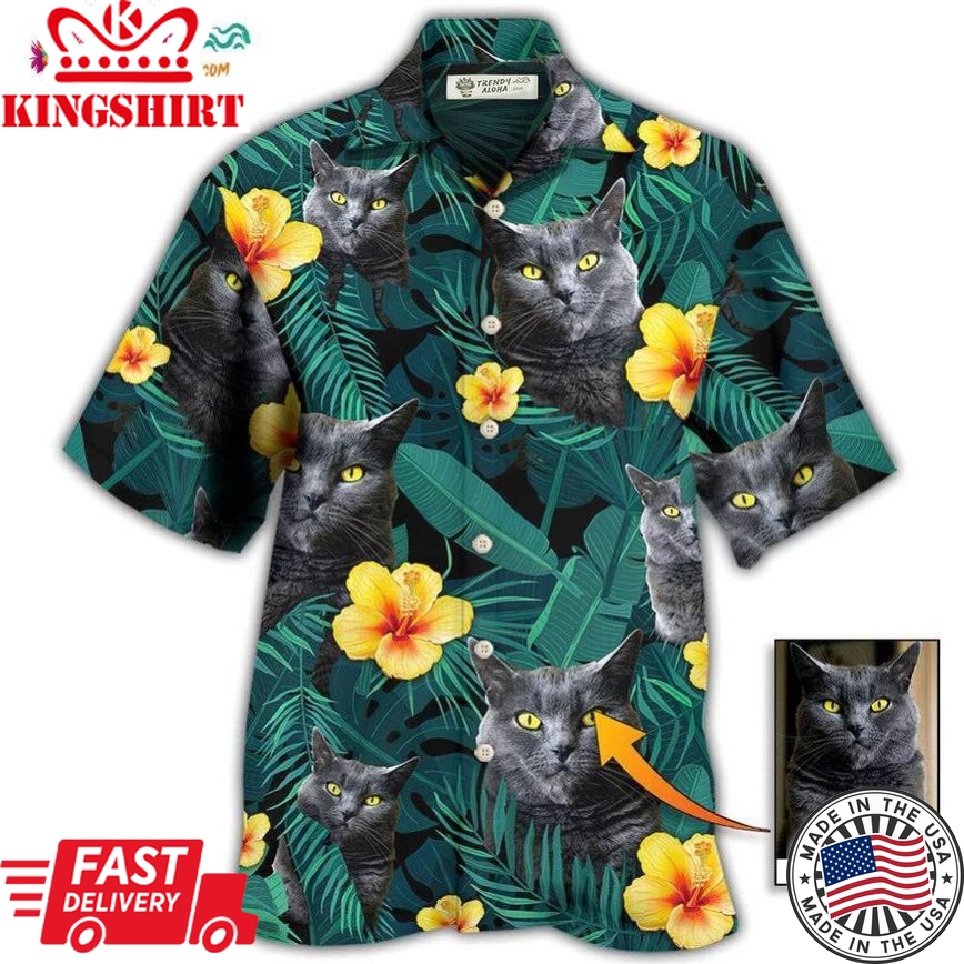 Black Cat Green Tropical Custom Photo Hawaiian Shirt