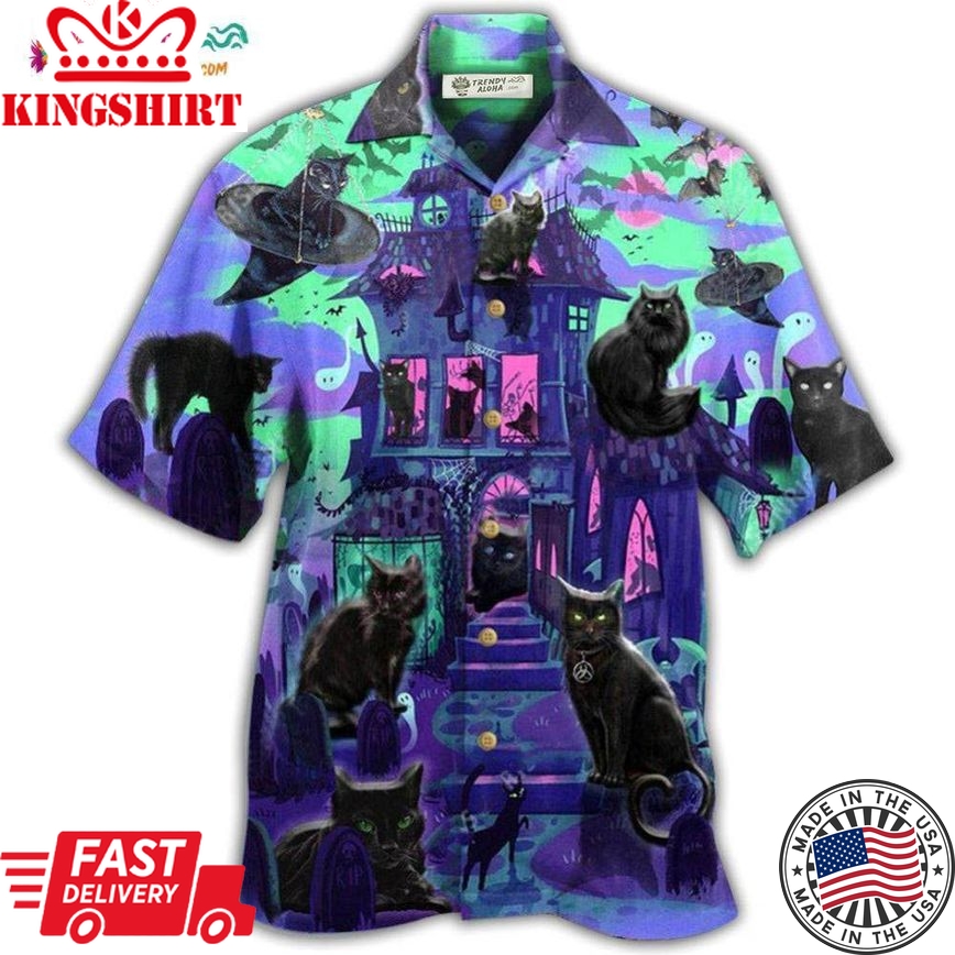 Black Cat In A Mysterious Haunted House Hawaiian Shirt