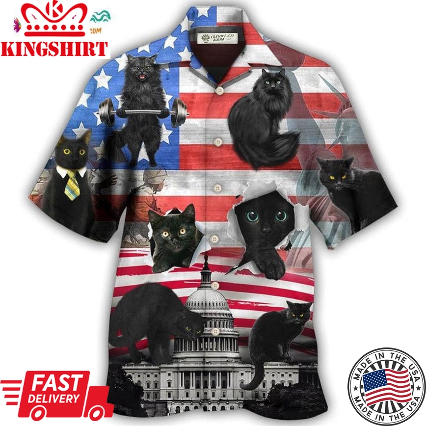 Black Cat Independence Day America Hawaiian Shirt