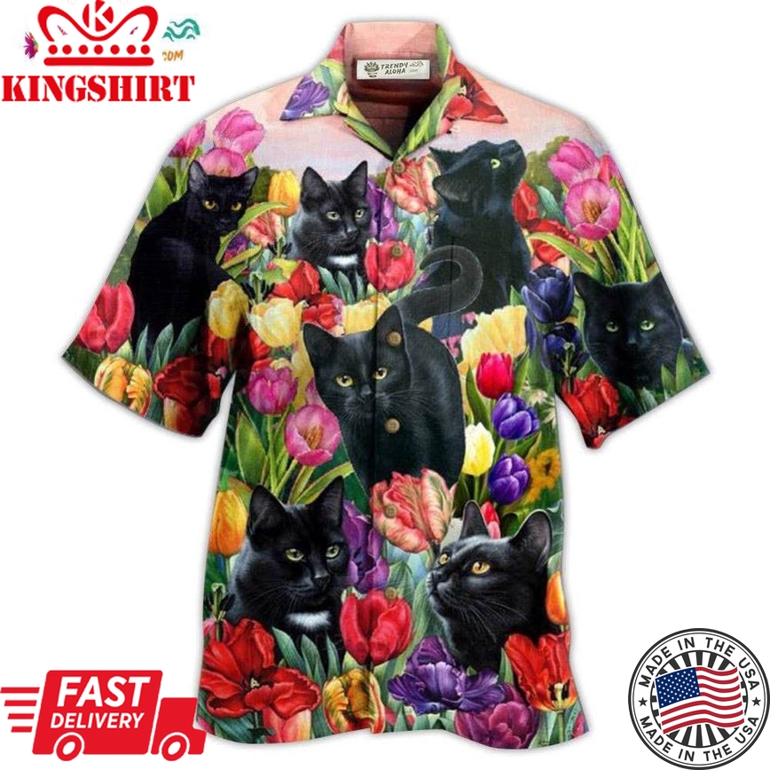 Black Cat Love Flowers Colorfull Hawaiian Shirt