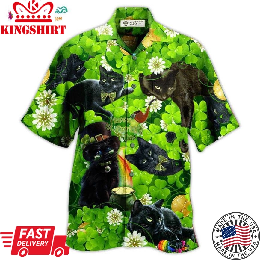 Black Cat Love Green Hawaiian Shirt