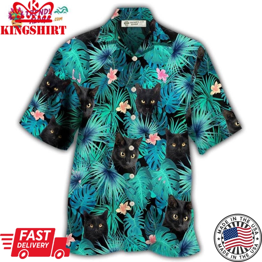 Black Cat Lover Tropical Leaf Hawaiian Shirt