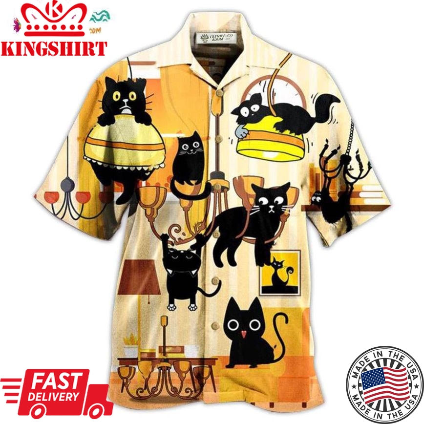 Black Cat Yellow Dinner Style Hawaiian Shirt