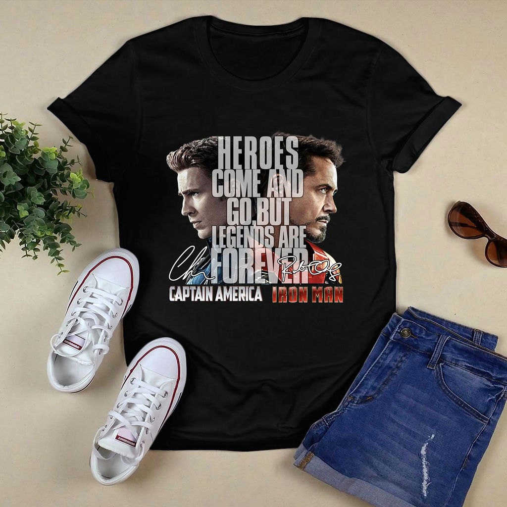 Captain America And Iron Man Heroes Come And Go But Legends Are Forever Signatures Shirt