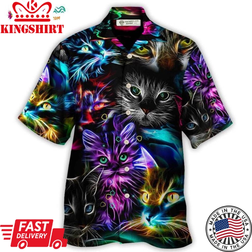 Cat Funny Neon Light Colorful Style Hawaiian Shirt