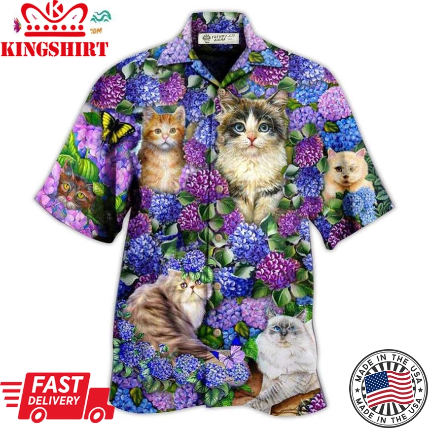 Cat Lovely And Purple Flowers Hawaiian Shirt