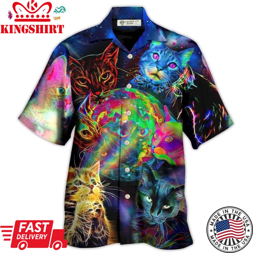 Cat Psychedelic Glowing Galaxy Neon Hawaiian Shirt