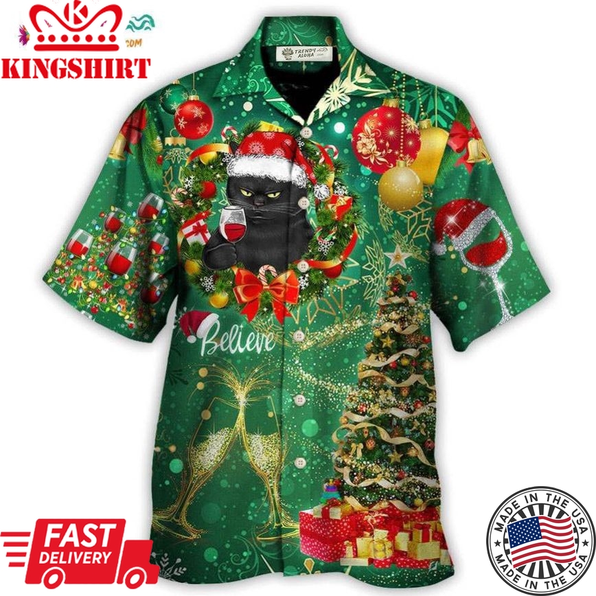 Christmas Black Cat Drinking Happy Christmas Tree Green Light Hawaiian Shirt