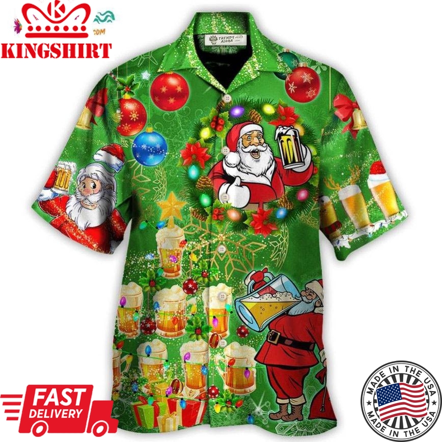 Christmas Funny Santa Claus Drinking Beer Happy Christmas Tree Green Light Hawaiian Shirt