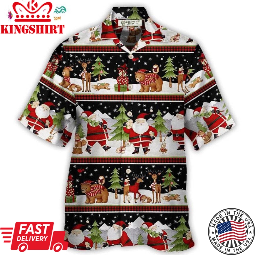 Christmas Happy Night With Santa Reindeer And Bear Hawaiian Shirt